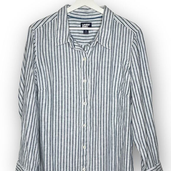 Lands’ End Shirt Dress Blue White Stripe Button Up Collared 100% Linen Womens 1X - Picture 3 of 10